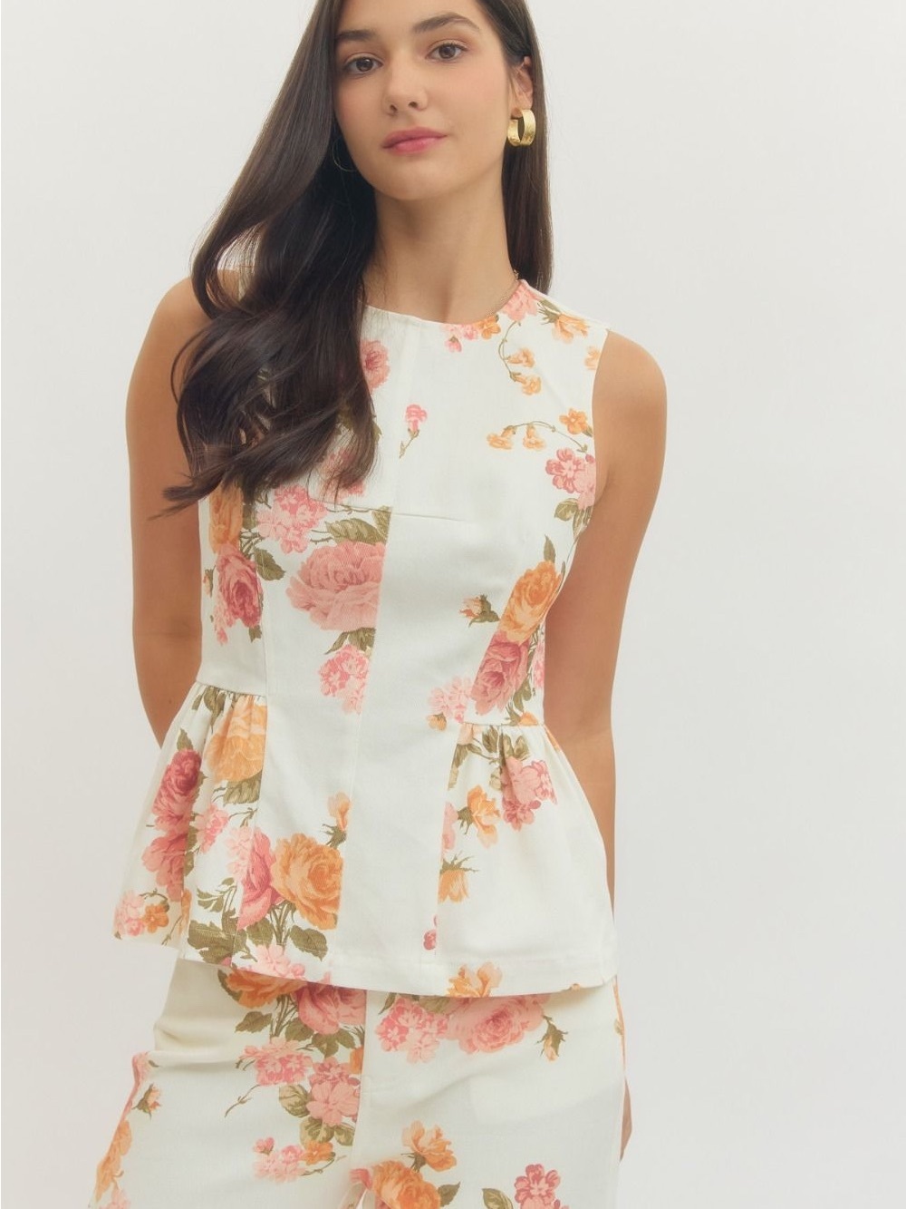 NWT Sleeveless Denim Floral Peplum Top - Pink & Peach Roses Size Medium - Picture 1 of 5